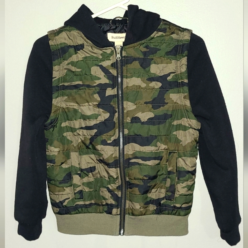 RuffHewn‎ black hoodie with camo vest attached size M (10/12) jacket swea…